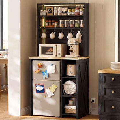 IRONCK Bakers Rack with Mini Fridge Space & Power Outlets, 69.3" Coffee Bar Station with LED Lights, 7-Tier Kitchen Microwave Stand with Hooks & Wooden Backboard, Space-Saving Utility Organizer, Black