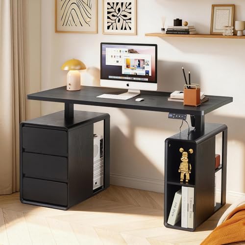 Electric Standing Desk with Drawers, 55" Office Desk Height Adjustable Executive Desk with Storage Shelves, Simple Setup Wood Desk Home Office Stand up Desk for Work, Study, Writing, Black - color: Black