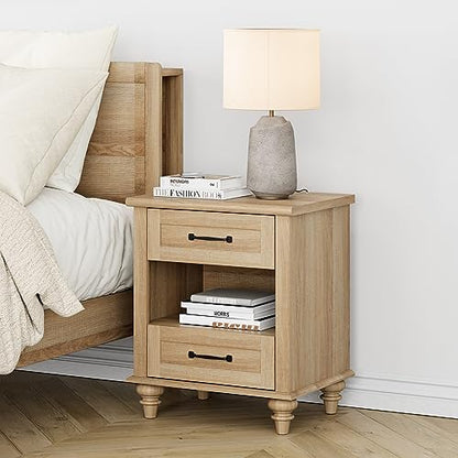 WAMPAT Farmhouse End Table Nightstand with Charging Station, Small Side Table with 2 Drawers for Living Room, Light Wood Night Stand Bedside Table for Bedroom, Oak - color: Oak