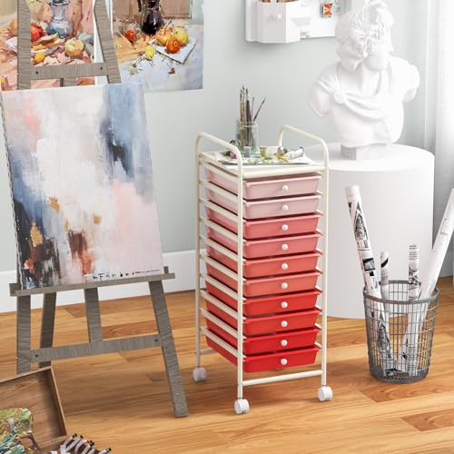 DREAMADE Rolling Cart with Storage Drawers, Utility Cart with Removable Plastic Drawers, Lockable Wheels, Art Cart for Classroom Organization Art Supplies Office Scrapbook (10 Drawers, Mixed-pink) - color: Mixed-pink, style: 10 Drawers