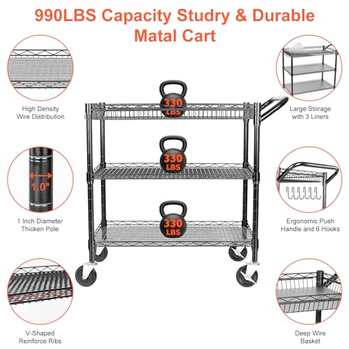 BolDuck Heavy Duty Utility Cart, 990Lbs Capacity 3 Tier Rolling Carts with Wheels, Kitchen Cart on Wheels with Storage, Commercial Grade Metal Serving Carts with Wire Shelving &Handle Bar, Black - color: Black