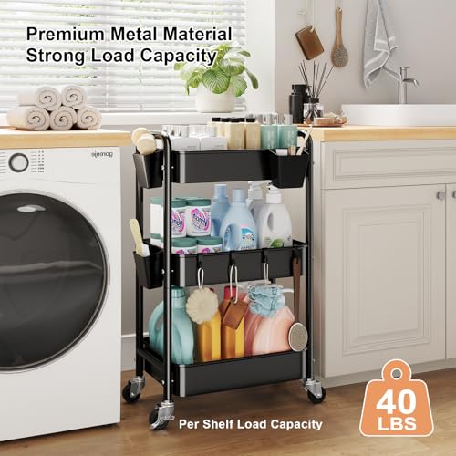 3 Tier Rolling Cart Metal with Wheels, Black Three Tiered Art Cart Organizer on Wheels, Storage Utility Trolley Carts for Kithcen, Craft, Nail, Lash, Makeup, Salon,Bedside, Bathroom, Office, Snack - color: Black 1