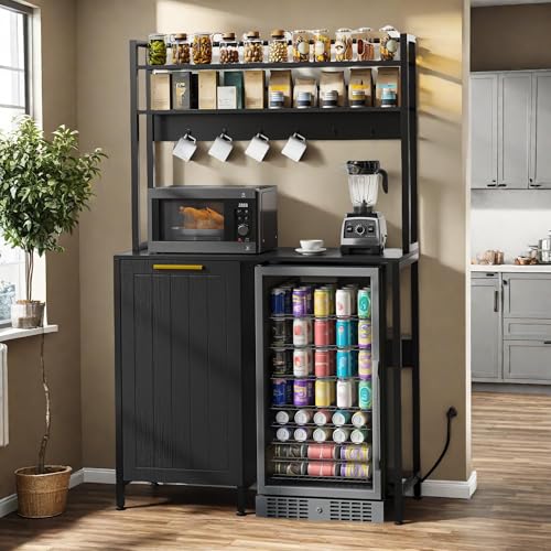 YITAHOME Farmhouse Pantry Cabinet with Trash Can Bin & Power Outlets | 4-Tier Bakers Rack for Mini Fridge, Microwave, Freestanding Storage Organizer for Kitchen, Black - color: Black