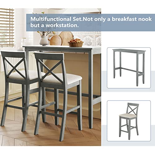 Farmhouse Rustic 3-Piece Counter Height Wood Kitchen Dining Sets, Home Bar Pub Kitchen Set, 48'' Long Bar Table with 2 Upholstery Chairs for Small Places - color: Gray-3-piece
