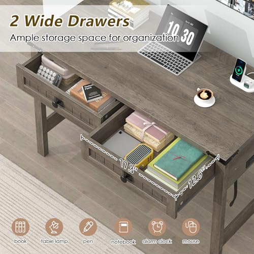 YOMILUVE Farmhouse Computer Desk with 2 Drawers, 39 Inch Small Computer Desk with Power Outlets, Home Office Desk Compact Writing Study Table for Small Spaces, Grey - color: Grey