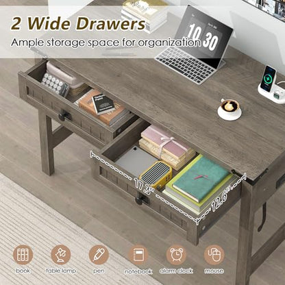 YOMILUVE Farmhouse Computer Desk with 2 Drawers, 39 Inch Small Computer Desk with Power Outlets, Home Office Desk Compact Writing Study Table for Small Spaces, Grey - color: Grey