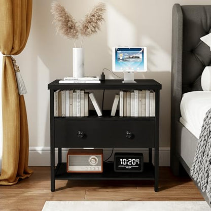 Edbuosy 27 Inch Wide Night Stand with Charging Station, Wood Nightstand with Open Shelf, Large Drawer Bedside Table for Living Room/Bedroom/Office, Black - color: Black, size: 27"W-1 Drawer