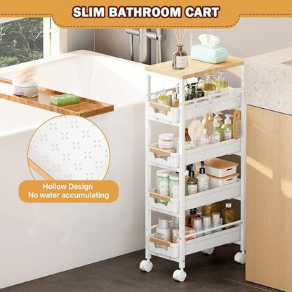 SUNALLY Slim Storage Cart with Pull-Out Baskets, 5-Tier Rolling Kitchen Cart with Wooden Top & Lockable Wheels, Narrow Space Utility Cart Organizer for Kitchen, Bathroom, Laundry Room, White - color: White