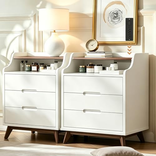 35" Large Night Stand Set of 2 with Charging Station, 3 Drawer Nightstand | Spacious Drawers, Pre-Installed Slide, Wood Bedside Table, Modern End Table, Nightstand for Bedroom Sofa Couch, White - color: White, size: Large (3 drawer)