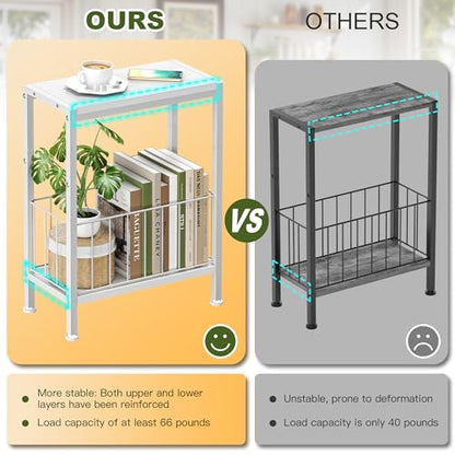 Narrow Side Table, Skinny End Tables with Magazine Holder, Small Sofa Table for Small Spaces, Space-Saving Design, Slim Nightstand Bedside Table for Living Room, Bedroom, Office, White - color: White