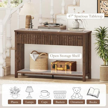 BON AUGURE Console Tables for Entryway, Console Table with Drawers, 47In Sofa Table with Storage, Narrow Entryway Tables with 2-Tier Shelf, Farmhouse Fluted Couch Tables for Living Room, Rustic Oak - color: Rustic Oak