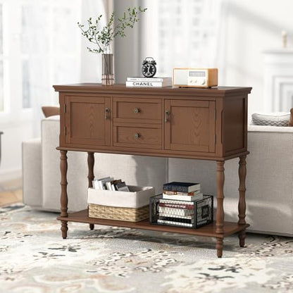 ARTPOWER Console Table with 2 Drawers, Retro Entryway Table with 2 Door | Solid Wood Veneer Entry Table, Behind Couch Sofa Table with Open Storage Shelf for Living Room, Foyer, Hallway - color: Brown