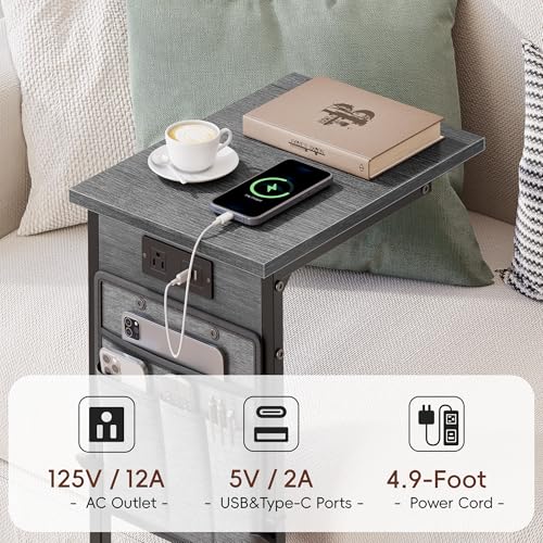 C-Shaped End Tables Set of 2 with Charging Station, 33'' Tall C Table Adjustable Height Side Table for Couch, Small Couch Table that Slide Under Sofa, TV Trays for Living Room, Gray Walnut - color: 2pc Gray Walnut, style: With Plug