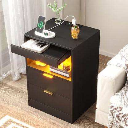Yusong Night Stand, Black Nightstand, LED Nightstand with Charging Station, Modern Night Stand, Bedside Table, Wood Sofa Couch End Side Table with 2 Pull-Out Shelf - color: Black 001