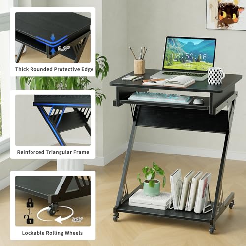 ALISENED Computer Desk for Small Spaces,23.6" Z-Shaped Compact Study Table with Smooth Keyboard Tray,with Wheels and Bottom Shelves for Home Office，Computer Cart Mobile Laptop Cart - color: Black