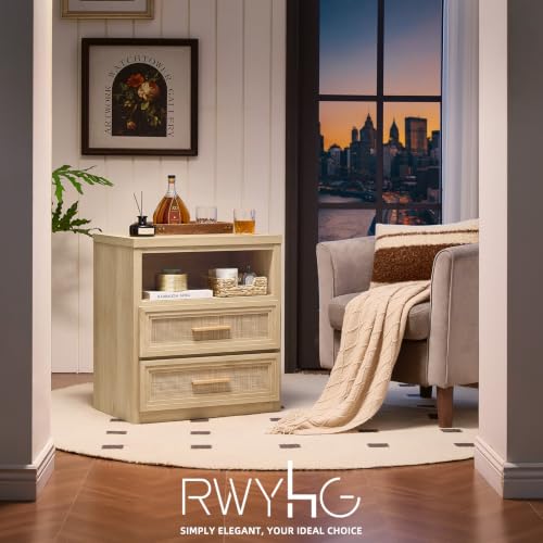 RWYHG 24'' Wide Farmhouse Night Stand with 2 Drawers,Rattan Nightstand | Modern Boho End Table Open Storage Shelf, Metal Handle, Mid-Century Wood Bed Side Table for Bedroom, Living Room - color: Natural（rattan ）