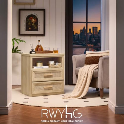 RWYHG 24'' Wide Farmhouse Night Stand with 2 Drawers,Rattan Nightstand | Modern Boho End Table Open Storage Shelf, Metal Handle, Mid-Century Wood Bed Side Table for Bedroom, Living Room - color: Natural（rattan ）