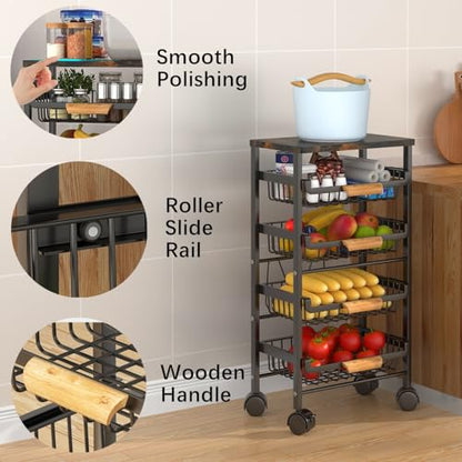 CarolynDesign 5 Tier Metal Wire Basket Cart on Wheels, Stackable Storage Bins for Kitchen, Living Room, Bedroom, Bathroom, Free Stand Vegetable Fruit Racks with Pull Out Drawers