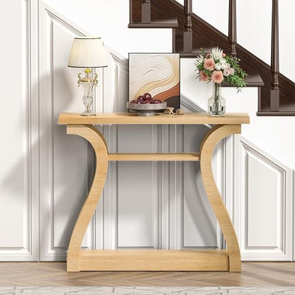 47" Wood Console Table for Entryway, Narrow Sofa Table with 3-Tier Shelves | Curved Legs Farmhouse Hallway Table, Skinny Console Table Behind Couch, Rustic Wooden Entry Table for Living Room (Natural) - color: Natural