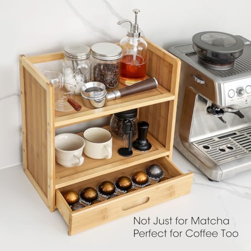 AIEVE Matcha Station Organizer, 2-Tier Bamboo Shelf with Hidden Drawer, Coffee Station Organizer Mug Holder Shelf for Matcha Whisk Set Bowl Cup Scoop Sifter