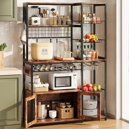 IRONCK Bakers Rack with Power Outlet, 45.5" W Kitchen Racks and Shelves | Chic Rustic Wood & Iron Frame. Ultimate Space Saver for Small Apartment Kitchens, Dining Beverage Bars, and Coffee Corners