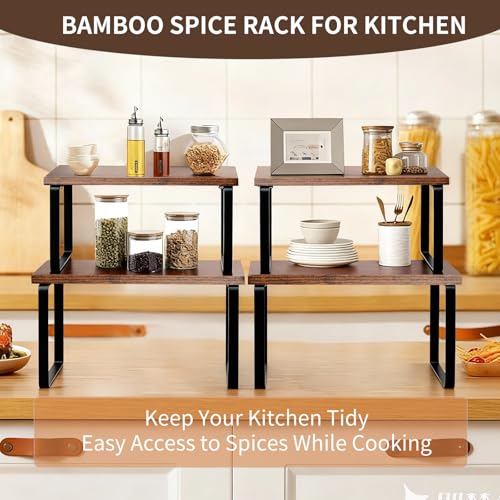 2-Pack Expandable Stackable Cabinet Shelf, Metal and Wood, (Brown) - color: Brown