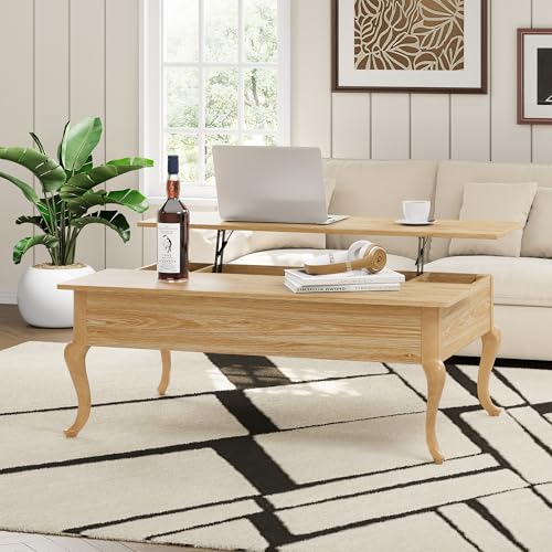 Lift Top Coffee Table, Farmhouse Coffee Table with Hidden Storage, Wood Center Table Dining Table for Living Room, Apartment, Home Office (Natural)