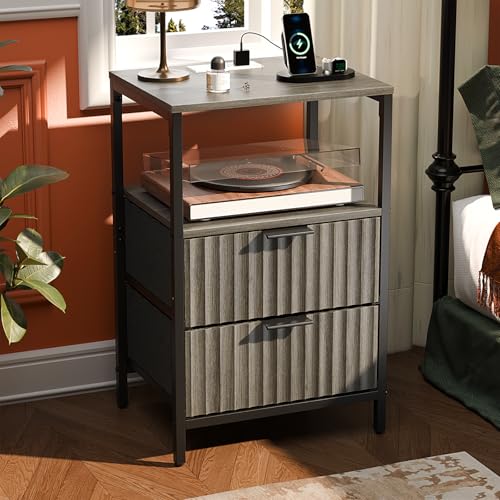VINGLI Grey Night Stand with Charging Station and Fabric Drawers, Fluted Nightstand Gray with Drawers, Grey Bedside Table/End Table for Bedroom, 14.96" W*11.81" D*23.78" H - color: Grey, size: 15"W-2 Drawer 1 Shelf