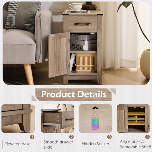 EROMMY Farmhouse End Table with Charging Station, Narrow Side Table for Living Room, Nightstand with Drawer and Storage Cabinet, Adjustable Shelf, Gray - color: Grey