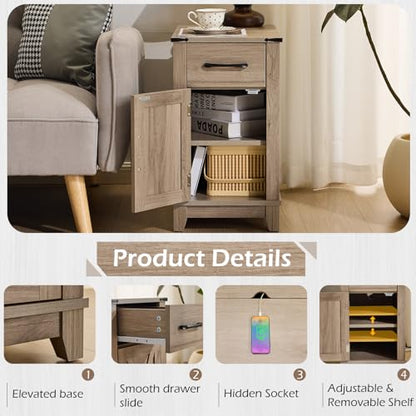 EROMMY Farmhouse End Table with Charging Station, Narrow Side Table for Living Room, Nightstand with Drawer and Storage Cabinet, Adjustable Shelf, Gray - color: Grey