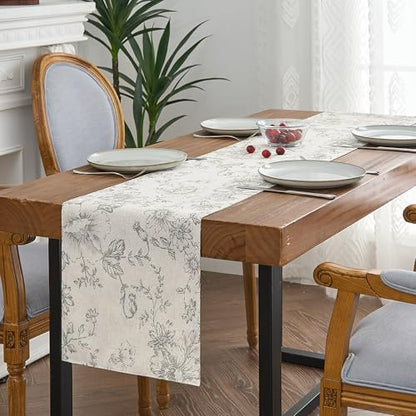 jinchan Grey Floral Linen Table Runner 13 x 90 Inch Farmhouse | Neutral botanical details bring warmth to family dinners, celebrations and everyday dining spaces. - color: Peony | Grey on Linen, size: 90" x 13" (Rectangular)