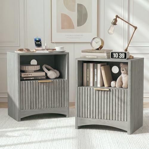 Marsail Fluted Nightstand Set of 2, Wooden Nightstands with Drawers, Modern Bedside Table with Charging Station and Storage, End Table with Storage Side Table for Bedroom, Grey - color: Grey
