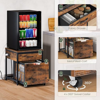 CHOEZON Mini Fridge Stand with Power Outlet, Large Side Table with 2AC and 2 USB Ports, Mobile Beverage Cart with Fabric Drawer for Dorm, Kitchen, Living Room, Rustic Brown and Black TBZ56UBF