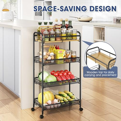 TOOLF 4-Tier Rolling Cart, Metal Utility Cart, Slide Out Storage Cart with Wooden Tabletop and Mesh Baskets, Easy Assemble Trolley for Kitchen Bathroom Laundry Room Bedroom Apartments Dormitory - size: Wide, style: Black