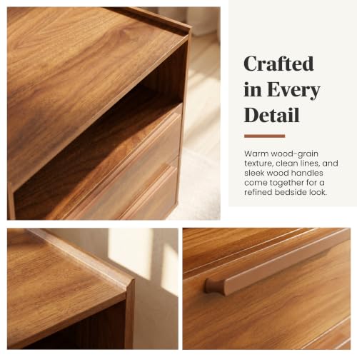 26 Inch Tall Warm Walnut Nightstand with Charging Station, 2 Drawers | 24 inch wide, 16 inch deep design with raised-edge tray top, open shelf, hidden storage, and mid century appeal - color: Warm Walnut