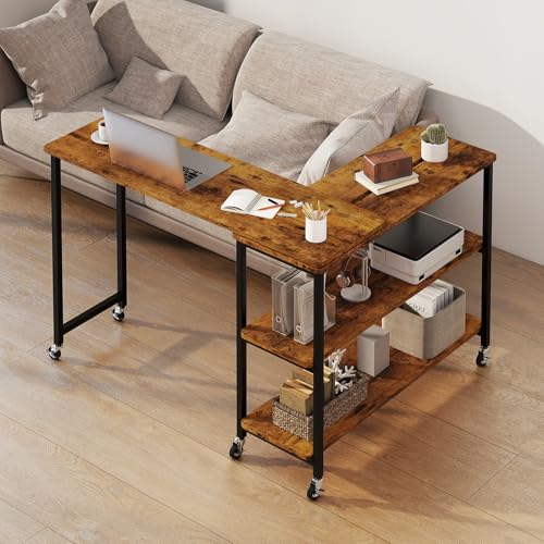 Tangkula Large 360° Free Rotating Sofa Side Table, Patented Mobile Couch Desk with 2-Tier Storage Shelves, Movable Laptop Desk with Sturdy Metal Frame, Extendable Couch Snack Table for Home Office - color: Brown, size: Large