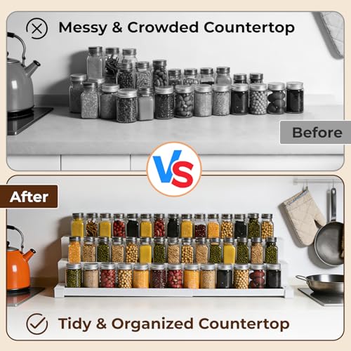 Expandable Spice Rack Organizer for Cabinet, 3 Tier Metal Spice Organization,16"-29.5" Wide Adjustable Seasoning Organizer, Display Shelf, Canned Goods Organizer for Pantry Kitchen Countertop, White - size: Large-White- Fits 10.9" Deep Cabinet