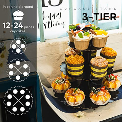 3-Tier Cupcake Stand Black 2-Pack, Premium Dessert Display Tower, Heart Handle Design, Easy 60-Second Assembly for Wedding Birthday Baby Shower Graduation - color: Black 2 Pack
