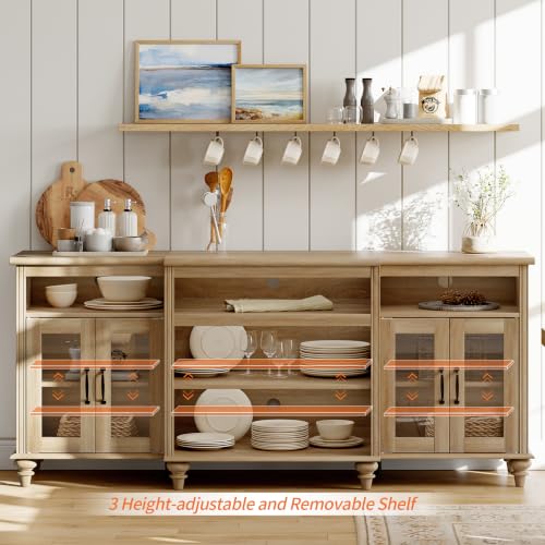 WAMAPT Buffet Cabinet with 4 Glass Doors, Large Coffee Bar Tables Wood Kitchen Storage Cabinets with 9 Storages, Modern Farmhouse Sideboard Credenza, Oak, 70 inch - color: Oak