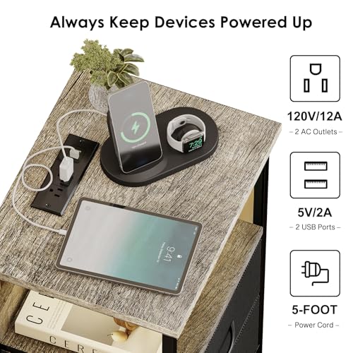 Fixwal Night Stand with Charging Station, LED Nightstand with Fabric Drawers, End Table with PU Finish, Bed Side Table, French Oak - color: French Oak, size: 27.6"H (3 drawers), style: Power+Light (1pc)