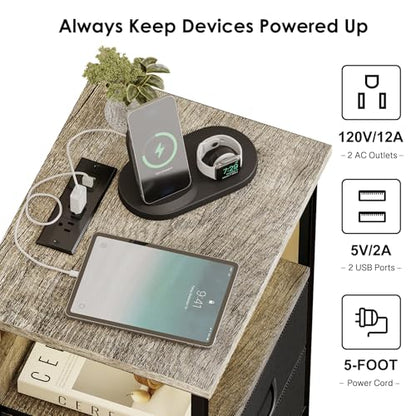 Fixwal Night Stand with Charging Station, LED Nightstand with Fabric Drawers, End Table with PU Finish, Bed Side Table, French Oak - color: French Oak, size: 27.6"H (3 drawers), style: Power+Light (1pc)