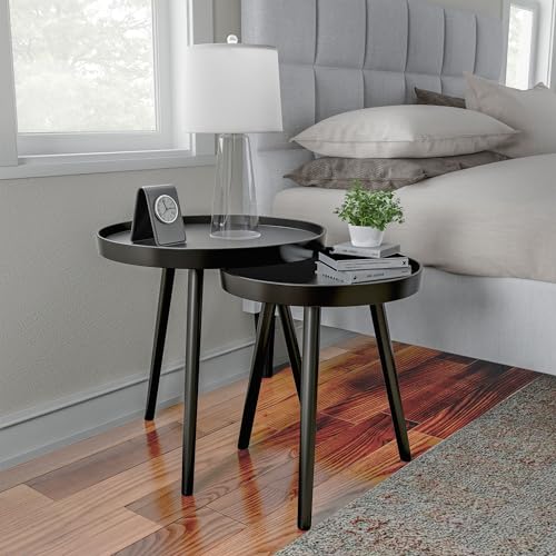 Lavish Home Nesting Side Tables, Black, Set of 2, 21.5”/16” | Round End Tables with Tray Tops for Living Room, Bedroom, or Home Office, Mid-Century Modern Living Room Furniture