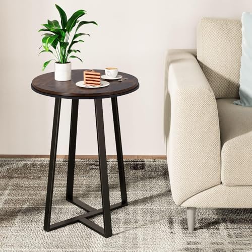 Side Table, Round End Table Vintage Brown Color MDF Top, Modern Coffee End Table for Living Room, Bedroom, Nightstand with Black Steel Frame for Small Spaces - color: Vintage Brown