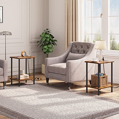 HOOBRO Side Table with Charging Station, Set of 2 End Tables with USB Port and Outlets, Nightstand with 2-Layer Storage Shelves for Small Spaces, Living Room, Bedroom, Rustic Brown BF09UBZP201 - color: Rustic Brown + Black