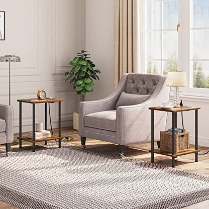 HOOBRO Side Table with Charging Station, Set of 2 End Tables with USB Port and Outlets, Nightstand with 2-Layer Storage Shelves for Small Spaces, Living Room, Bedroom, Rustic Brown BF09UBZP201 - color: Rustic Brown + Black