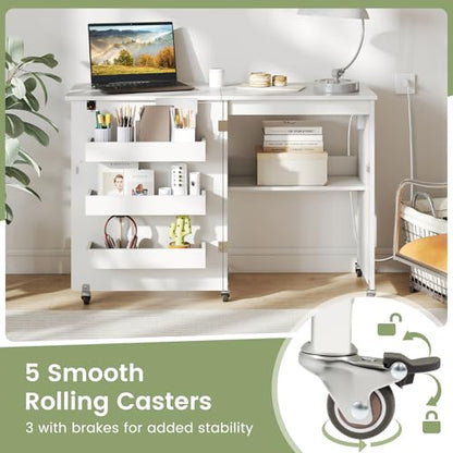 DREAMADE Folding Sewing Table with Storage, Craft Table w/Charging Station, 5 Lockable Wheels, Storage Bins & Shelf, Sewing Machine Desk for Home Office, Apartment, Studio (White) - color: White