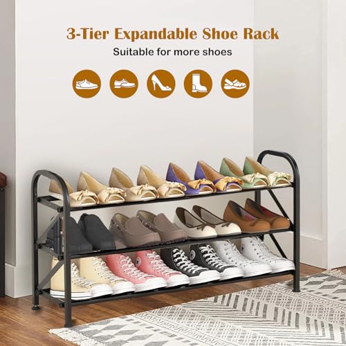 3-Tier Expandable Shoe Rack for Closet，Adjustable Shoe Rack，Black Metal Free Standing Shoe Rack for Entryway Closet Doorway - color: 3 Layers and 2 Tubes