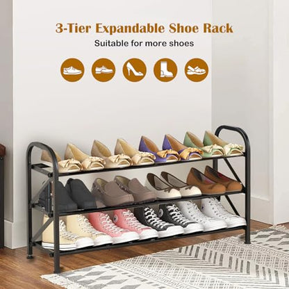 3-Tier Expandable Shoe Rack for Closet，Adjustable Shoe Rack，Black Metal Free Standing Shoe Rack for Entryway Closet Doorway - color: 3 Layers and 2 Tubes