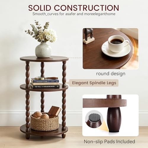Small Round Side Table, 3-Tier Solid Wood End Table with Storage Shelf, Modern Bedside Tables Night Stand for Living Room, Bedroom, College Dorm, Small Space (Rustic Brown) - color: Rustic Brown
