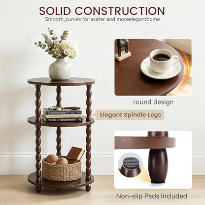 Small Round Side Table, 3-Tier Solid Wood End Table with Storage Shelf, Modern Bedside Tables Night Stand for Living Room, Bedroom, College Dorm, Small Space (Rustic Brown) - color: Rustic Brown